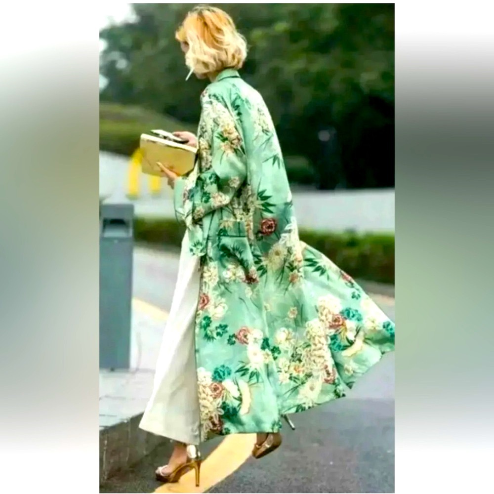 Zara floral green kimono jacket duster medium